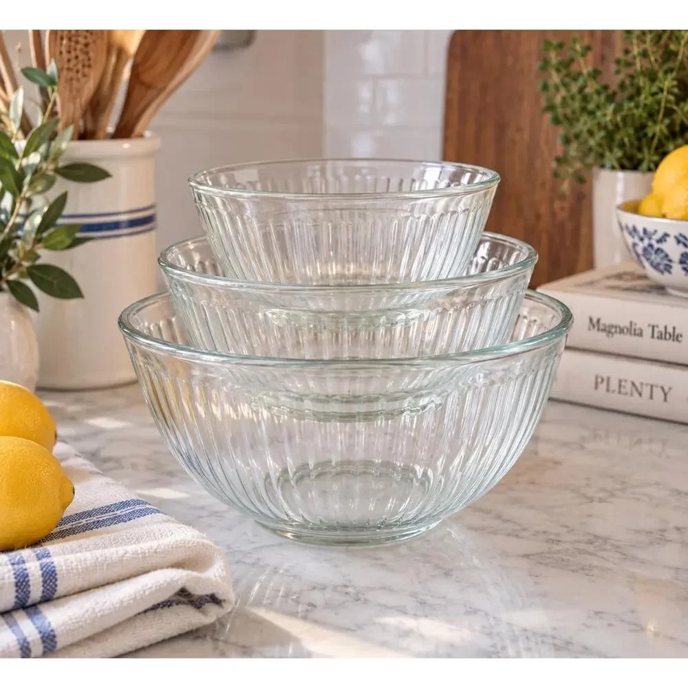 Vintage Pyrex Clear Glass Mixing Bowls Set, Ribbed Nesting Kitchenware